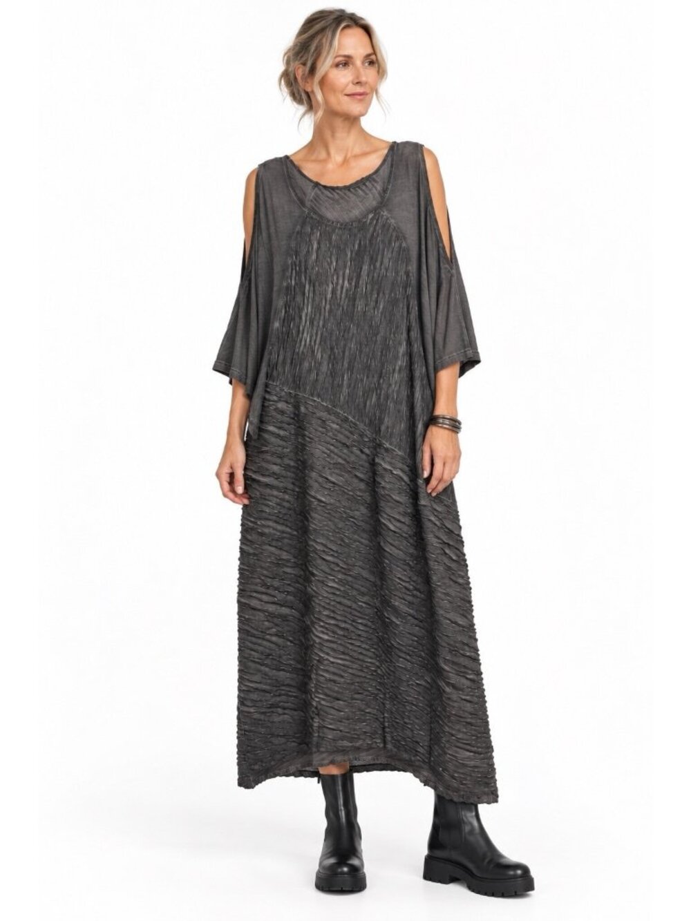 XCVI maxi dress charcoal gray lagenlook 1X textured structural relaxed chic
